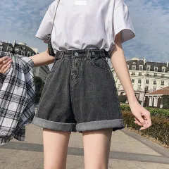 Women's Loose High Waist Cotton Denim Shorts - Grey - View 1