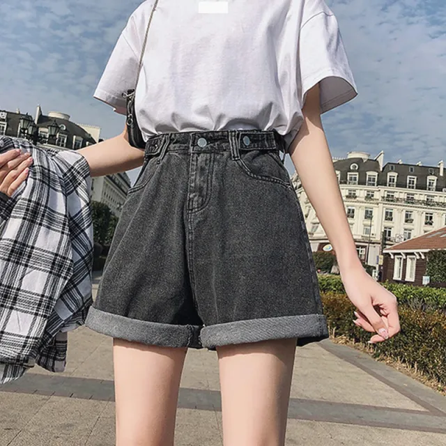 Women's Loose High Waist Cotton Denim Shorts Grey - Shop at LoveMi