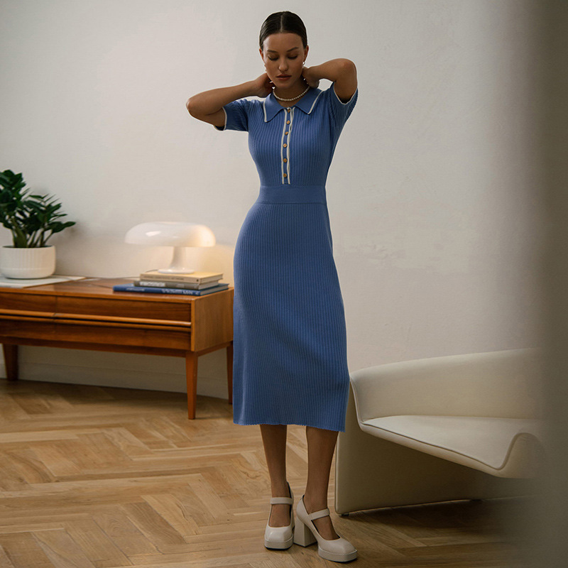 Gentle Color-contrasting Stripe Polo Collar Sunken Stripe