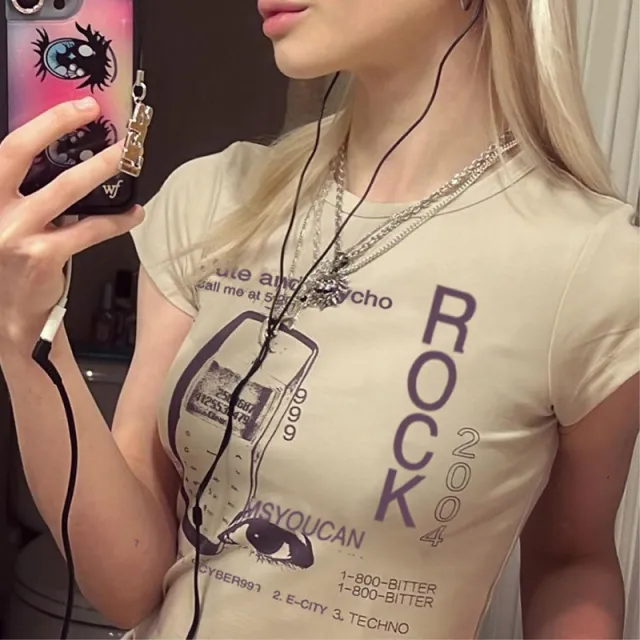 Retro Wind Do Old Cell Phone Print Letters Clash Color T shirt Europe And The United States Round Neck Slim Revealing Short Top Skin Color - Shop at LoveMi