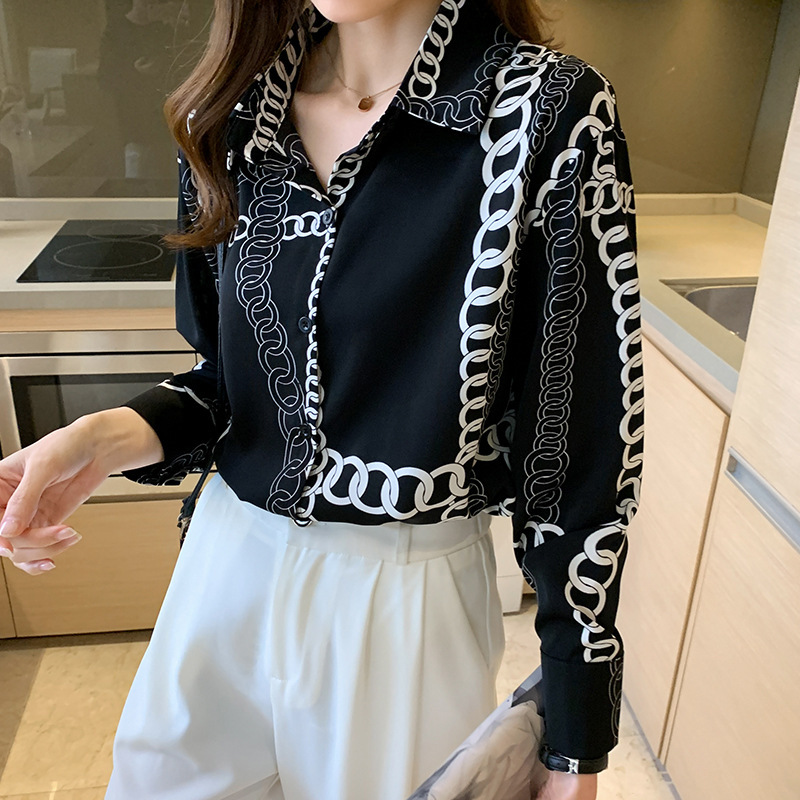 Elegant Silky Chain Print Long-sleeved Top