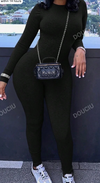 Women's Solid Color Round Neck Long Sleeve Jumpsuit, Ribbed Knit Tight Jumpsuit, Spring Autumn Black - Shop at LoveMi