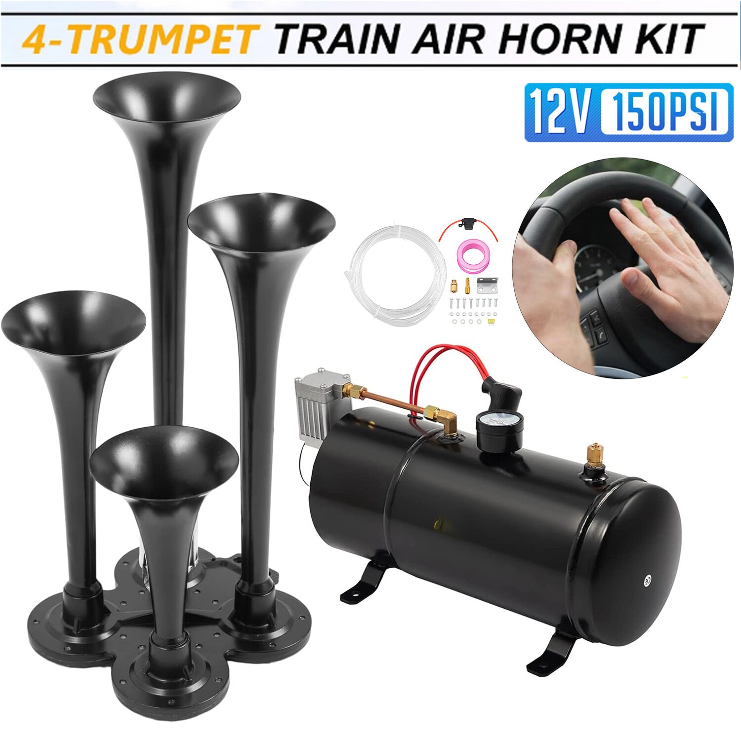 Air Horn Truck Train Horns Kit 12 Volt With Compressor 4 Trumpet 150db Black — image 6