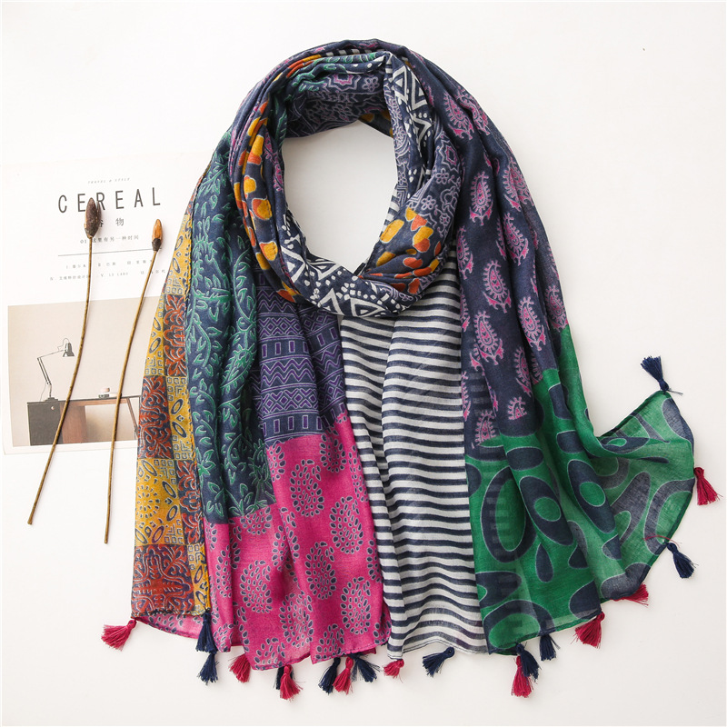 Contrast Color Cotton And Linen Silk Scarf Travel Sun Protection Shawl