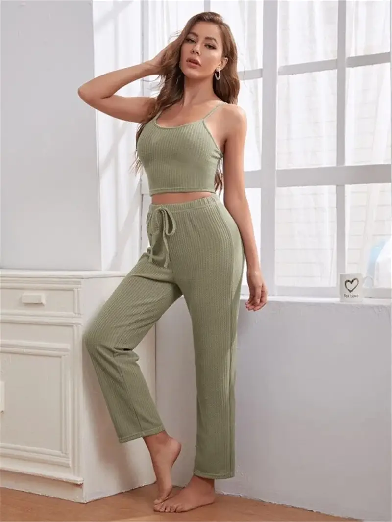Home Wear Waffle Knitted Suspenders Top And Trousers Robe Pajamas Three-piece Suit