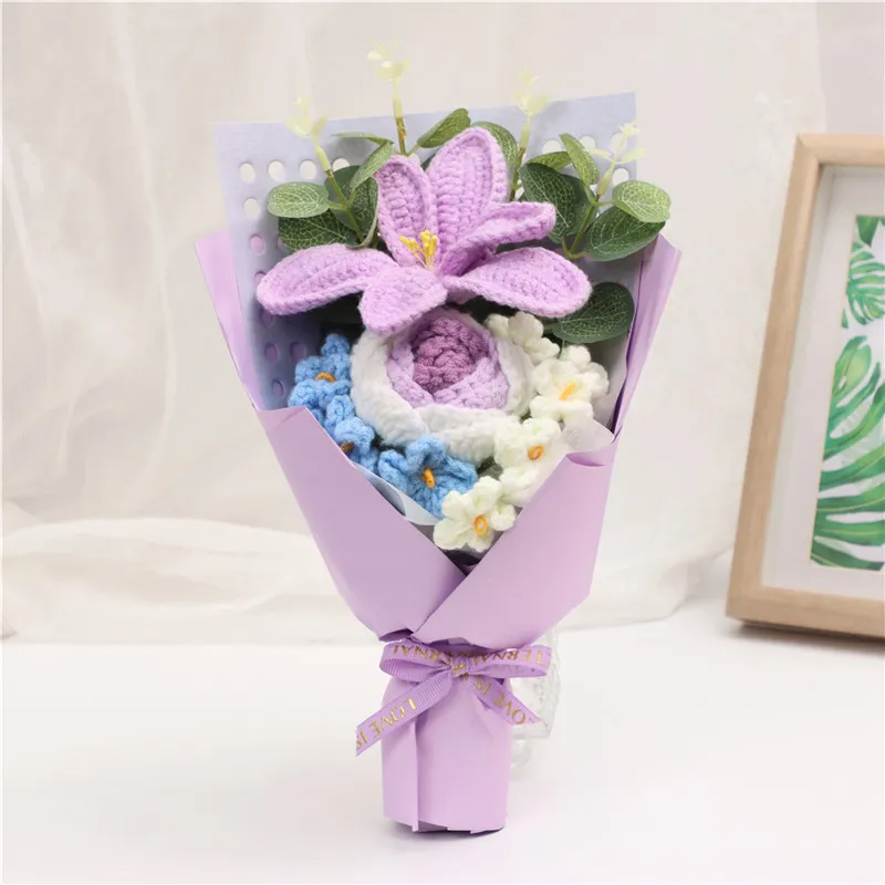 Handmade Crochet Knitted Bouquet, Purple Lily & Gradient Rose Everlasting Yarn Flowers, Aesthetic Floral Ornament For Home Decor And Holiday Gifts