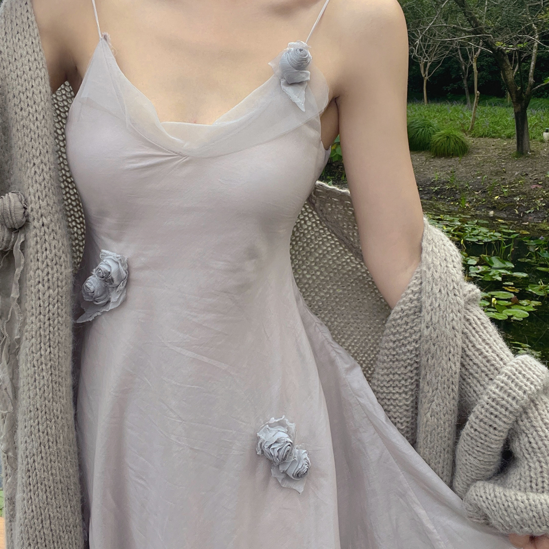 Blue Grey V Neck Halter Dress