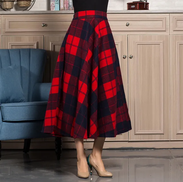 Women's A line Mid length Plaid High Waist Fashion Winter Skirt Red - Shop at LoveMi