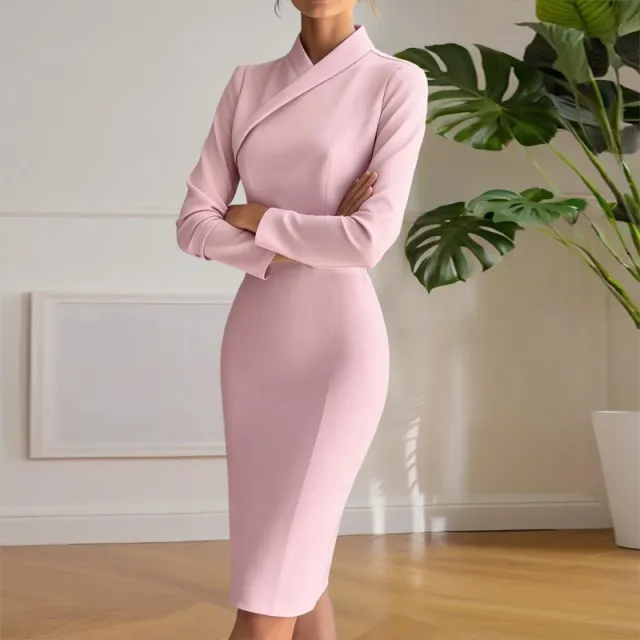 Women's Vintage Elegant Pencil Dress, Long Sleeve Solid Color Bodycon Gown For Fall And Winter Parties Pink - Shop at LoveMi