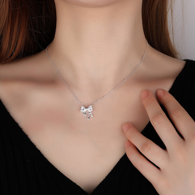 S999 Sterling Silver Bow Necklace For Women, Luxury Minimalist Clavicle Chain, Trendy Elegant Jewelry 2026