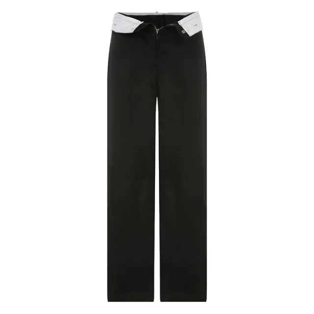 Contrast Color Cuffs Solid Color Simple Design Straight leg Pants Black - Shop at LoveMi