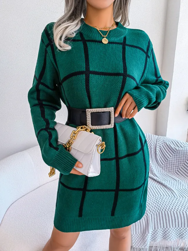 Casual Color Block Plaid Long Sleeve Sweater Dress Green - Shop at LoveMi