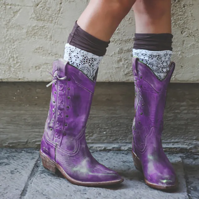 European And American Style Thick Heel Plus Size Mid tube Knight Boots Women Boots Purple - Shop at LoveMi