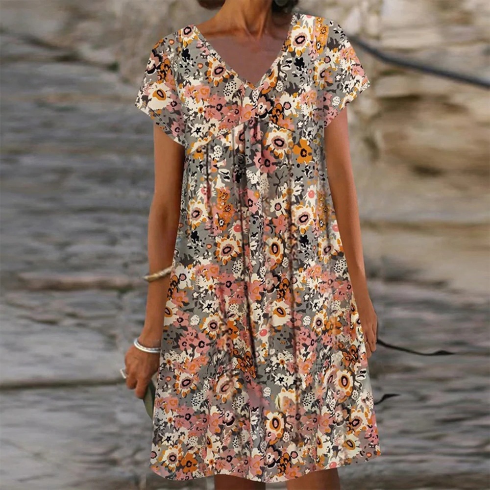 V-Neck Short Sleeve Floral Loose Style Commuter Dress Women's