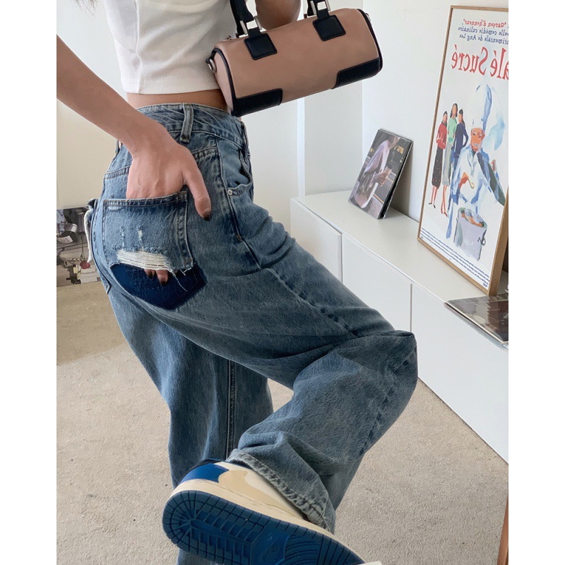 Women's Back Pocket Washed Contrast Ripped Jeans Denim Blue - Shop at LoveMi