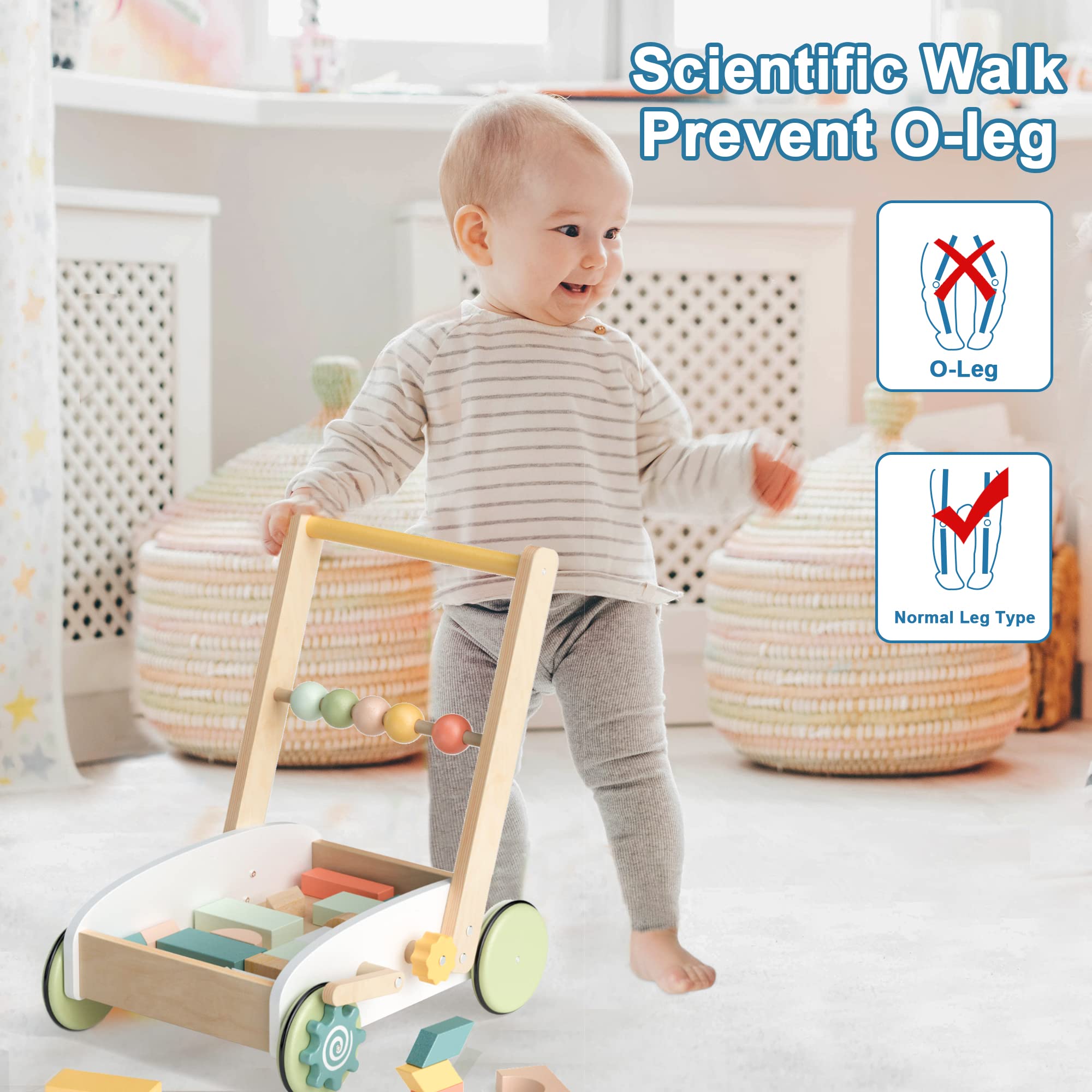 ROBOTIME Wooden Baby Push Walker, ACTIVITY WALKER, Infant Multi-Activity Learning Walker