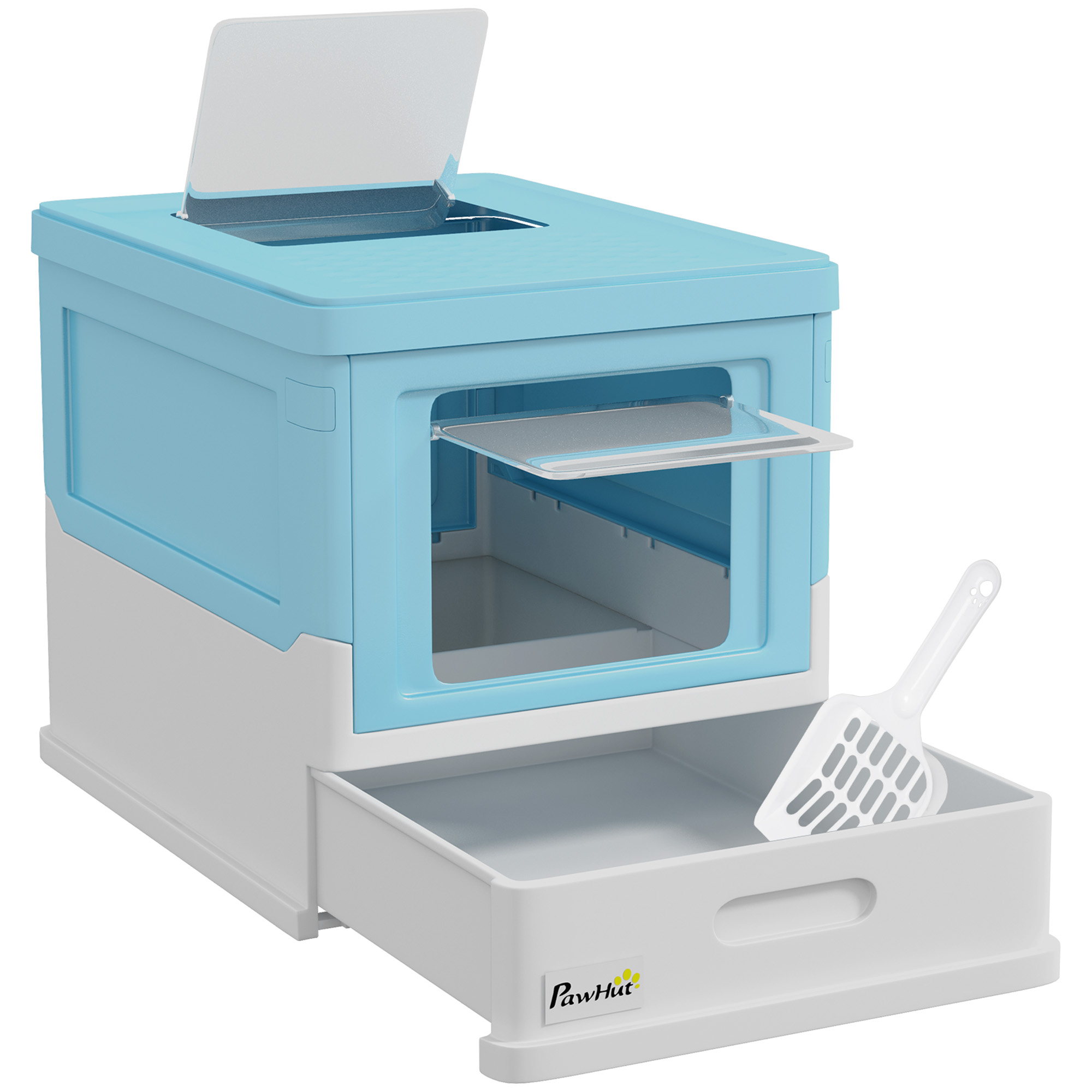 Hooded Cat Litter Box, Portable Pet Toilet, With Scoop, Front Entry - Light Blue — image 11