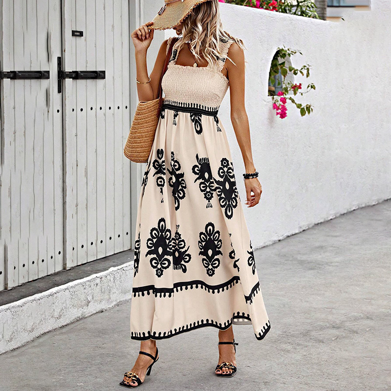 Women's Wide Strap Printed Maxi Dress With Bust Pleats, A Line Vacation Dress Apricot - Shop at LoveMi