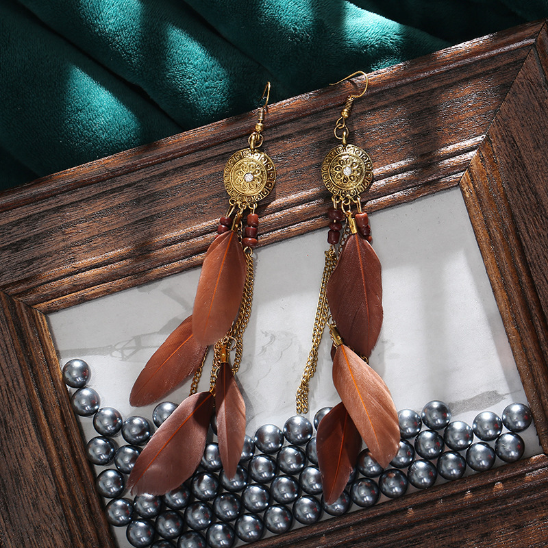 Creative Retro Tassel Feather Earrings Women's Long Oil Drop