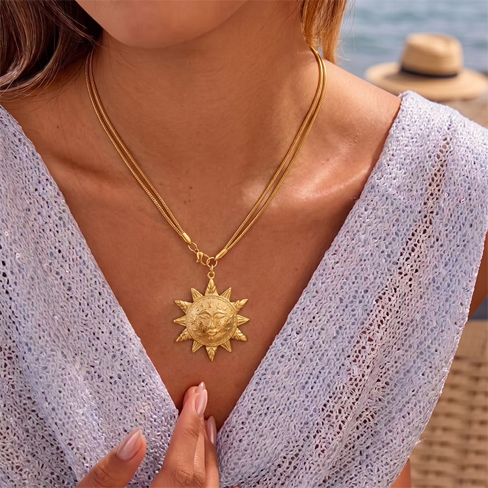Celestial Sun Face Pendant Necklace For Women, 18K Gold Plated Stainless Steel Snake Chain Choker, Vintage Sunburst Boho Jewelry Gift