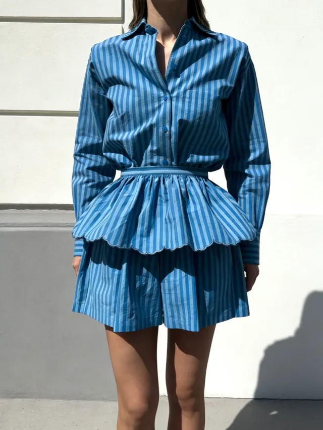 Bright Blue Vertical Stripe Shirt & Ruffle Waistband & Shorts 3 Piece Set Striped M - Shop at LoveMi