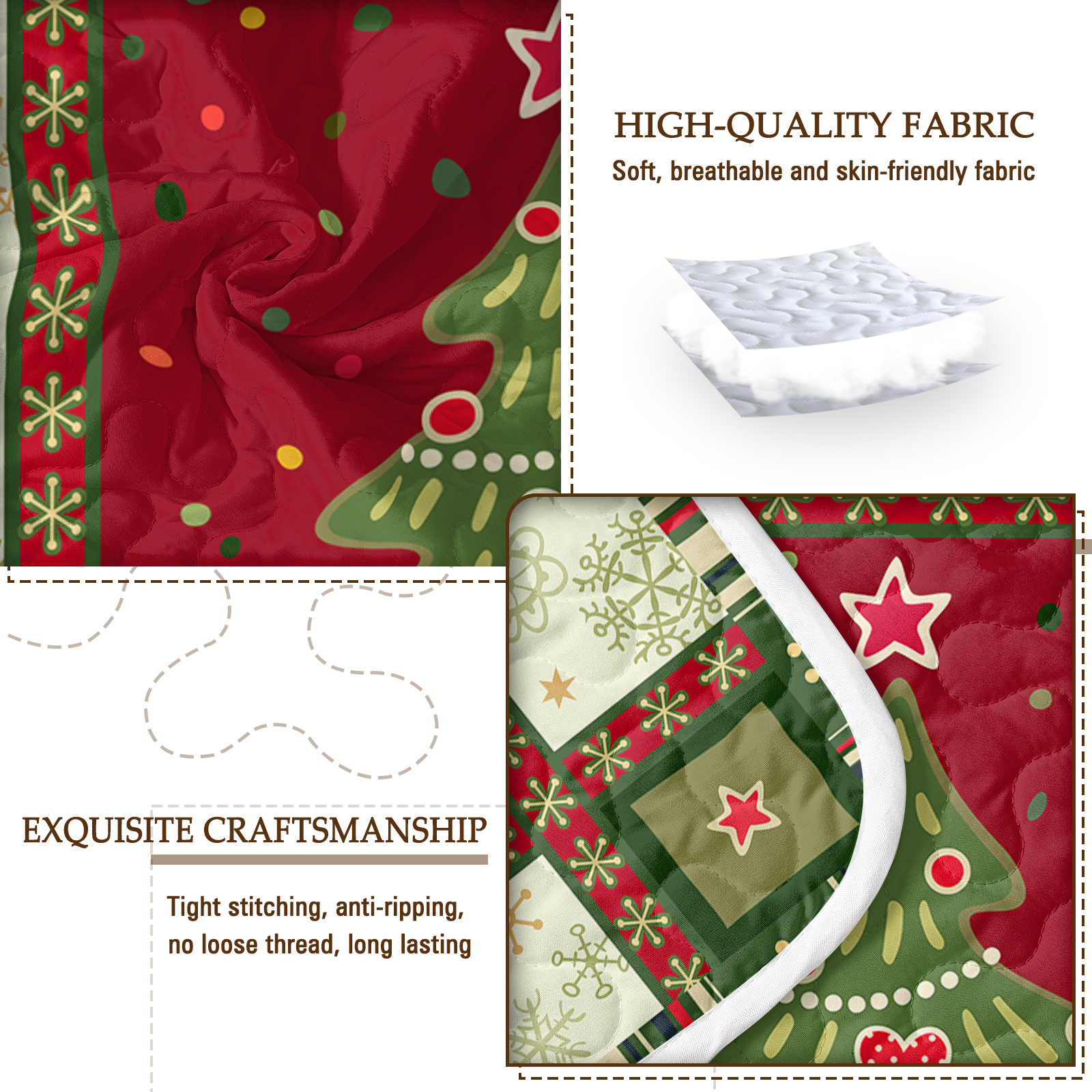 3 Piece Cute Christmas Tree Quilt Set Red Green Snowflakes Pattern Bedspread Lightweight Coverlet Summer Comforter Set Bed Cover,1 Quilt And 2 Shams
