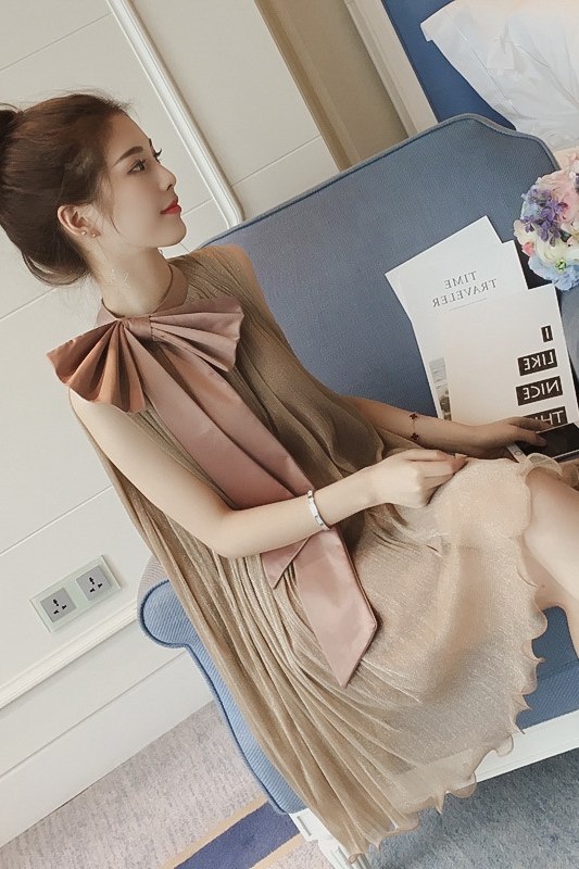 Large-size Bow-knot Vest Skirt Temperament Mesh Micro-fat Sister Pleated Dress