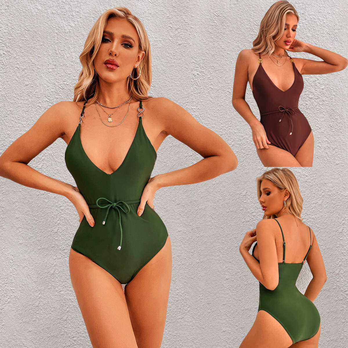 Women's Solid Color V-Neck Sling One Piece Swimsuit - Image 4
