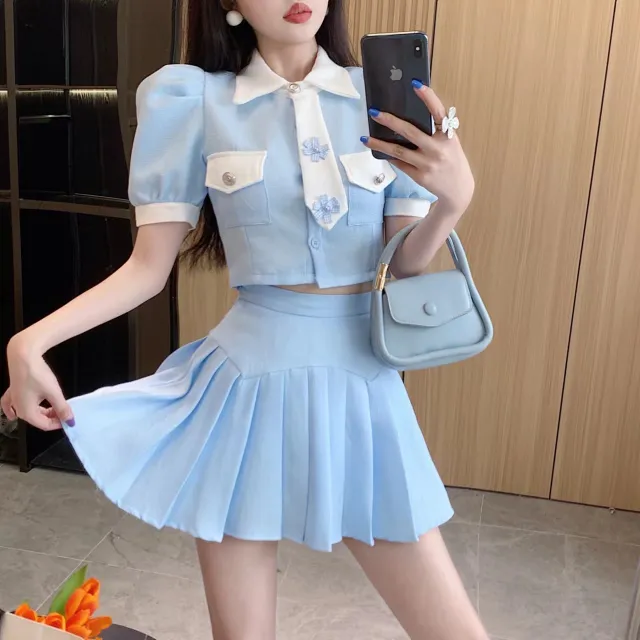 Fashionable Temperament Puff Sleeve Top Pleated Skirt Two Suit - Shop at LoveMi