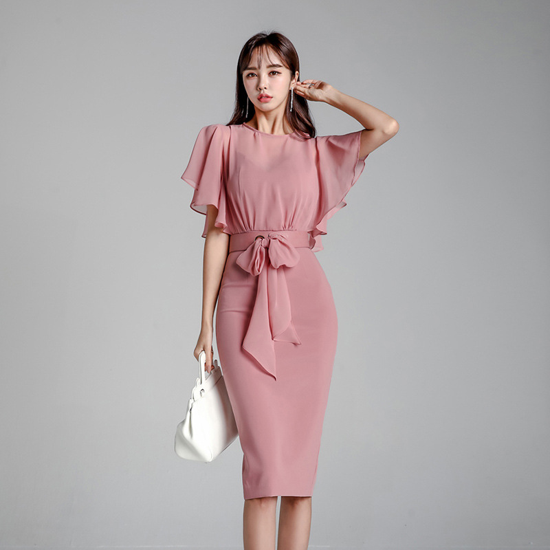 Slim-fit Fake Two-piece Dress With Lotus Leaf Sleeves
