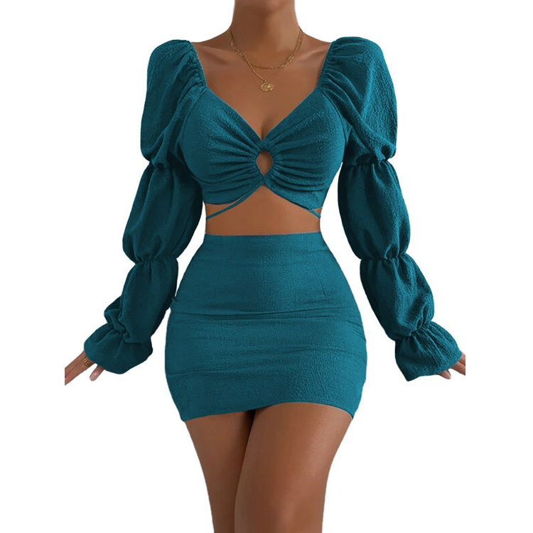 New European And American Women's Solid Color V-neck Hollow-out Navel Top Wrap Hip Skirt Suit
