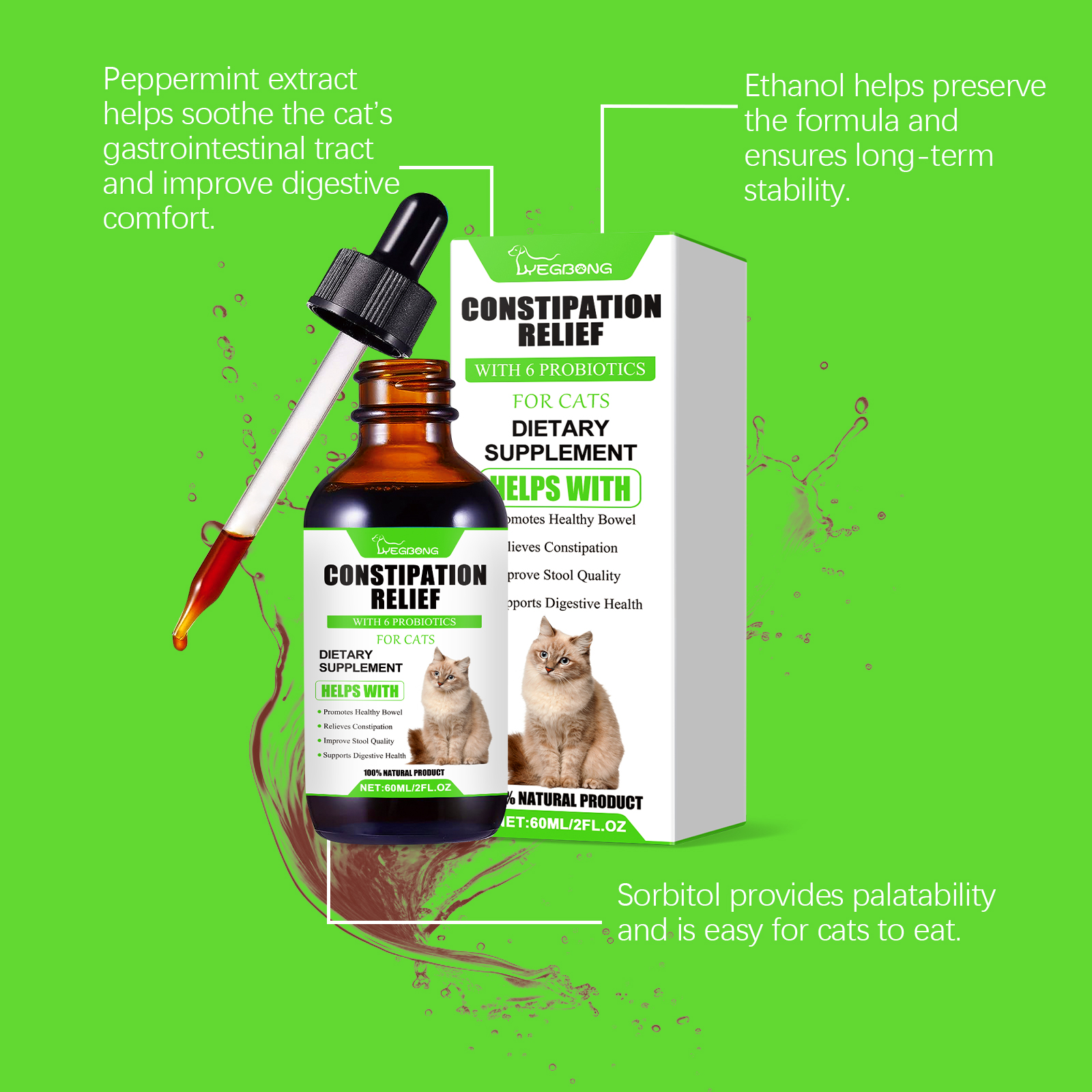 Cat Constipation Relief Probiotic Drops, Natural Digestive Support Supplement For Cats, Boost Nutrient Absorption & Appetite — foto 5