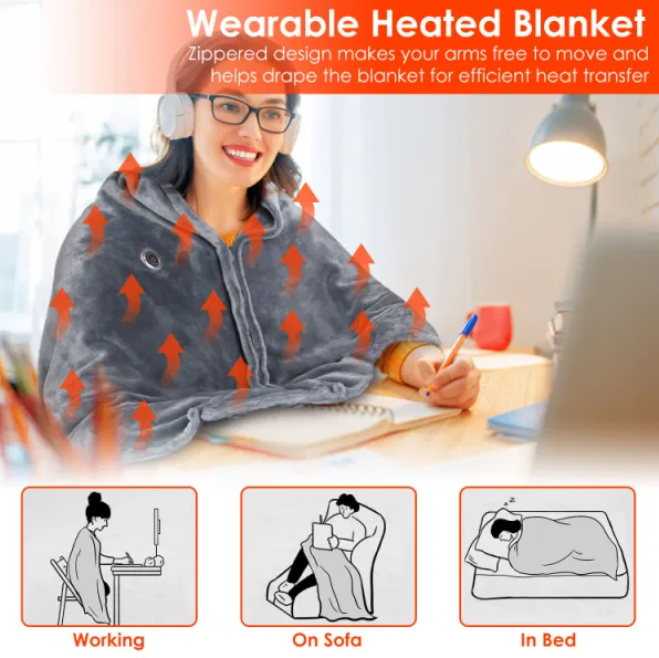 59 Plus 31in USB Heated Blanket Electric Heated Blanket Heated Poncho Shawl Wrap Throw With Zipper Washable For Home Office - Image 2