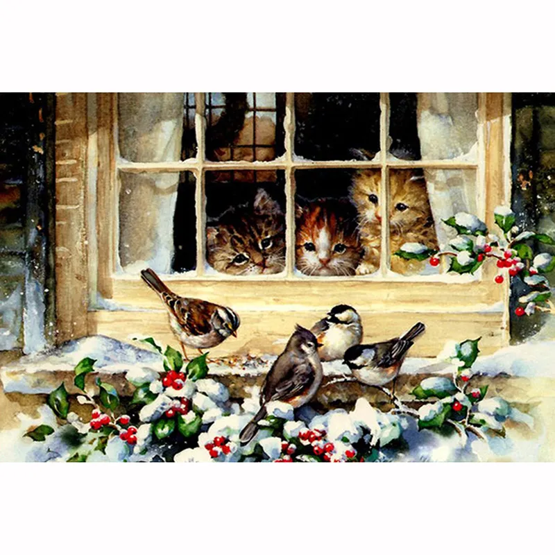Round Diamond Painted Bird And Cat Diamond Embroidery - As Shown