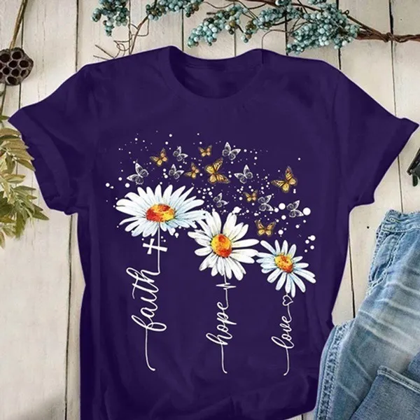 Round Neck Casual Creative Floral Print Short Sleeves Purple - Shop at LoveMi