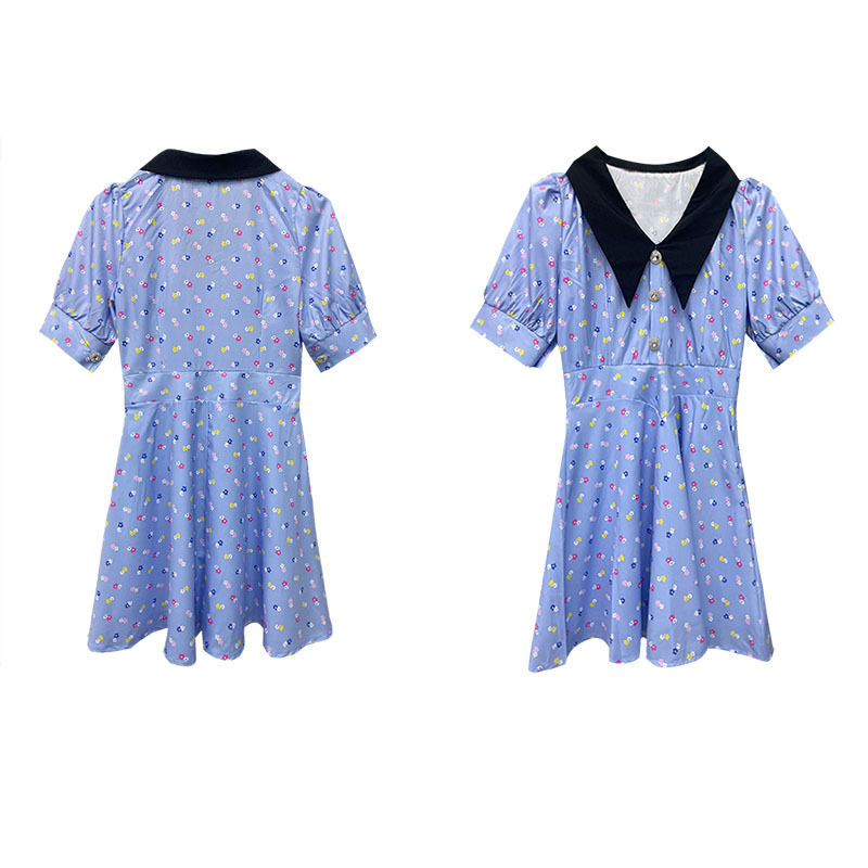 French Retro Lapel Blue Floral Dress Chiffon Skirt Summer