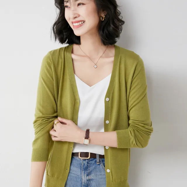 Summer Short Outer Loose Solid Color All match V neck Sweater Autumn Fragrant Green - Shop at LoveMi