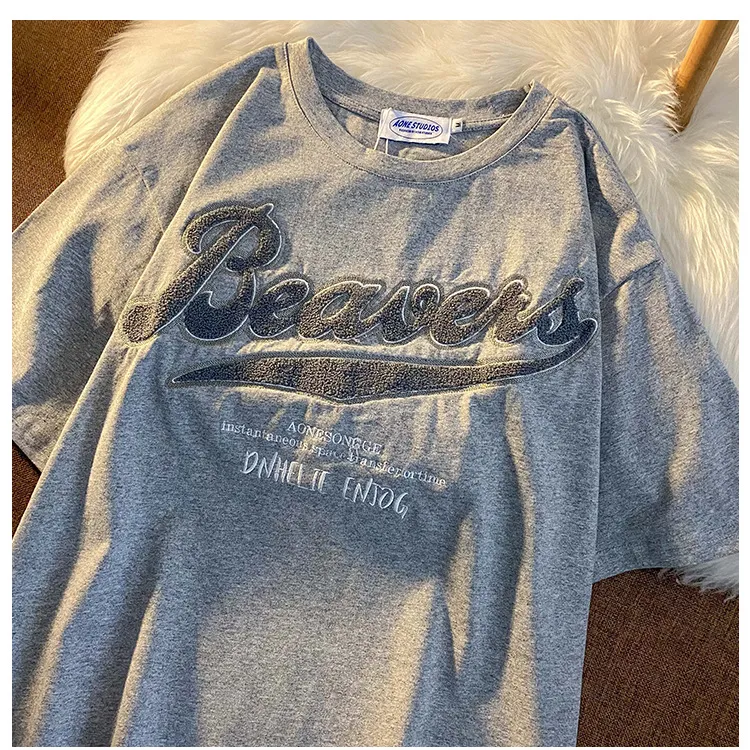 Fashion Loose Women Embroidered Short Sleeves - Grey