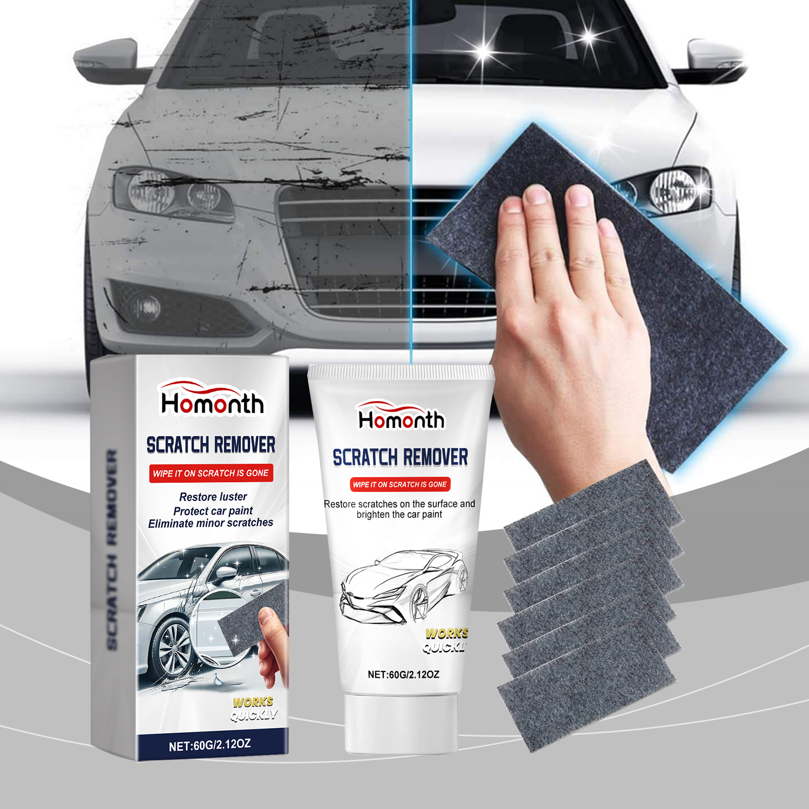 Repair Car Paint Scratches, Polishing And Maintenance Agent, Nano Flash Cloth, Car Scratch Removal Set, 60g Add Cloth, 1 Box 3