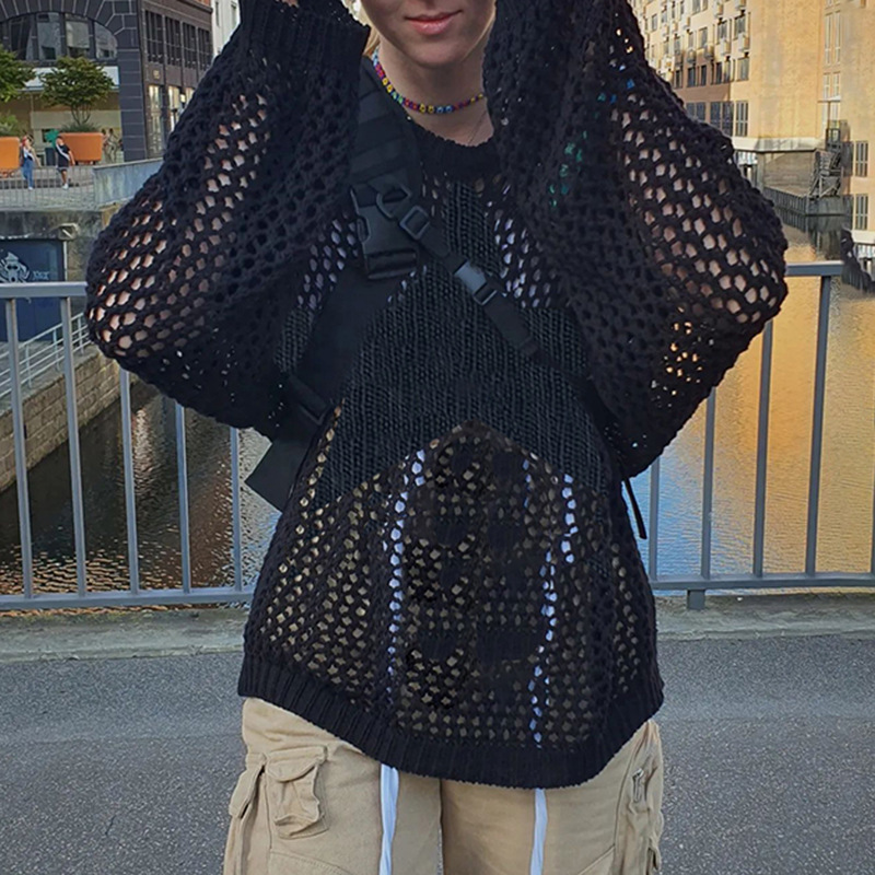 Slouchy Street Fashion Loose Long Sleeved Knitwear Looks Thin Through Hollowing Out