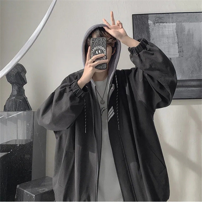 Men's Fake Two-piece Casual Hooded Baseball Uniform Jacket