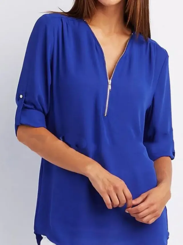 Ruched Half Zip Solid V Neck Casual Blouse, Rollable Sleeve Women's Clothing Blue - Shop at LoveMi