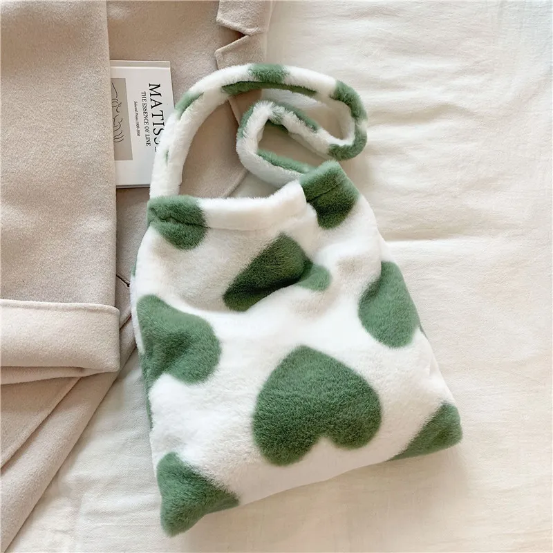 Love Heart Shoulder Bags Winter Plush Shopping Bags For Women - Green
