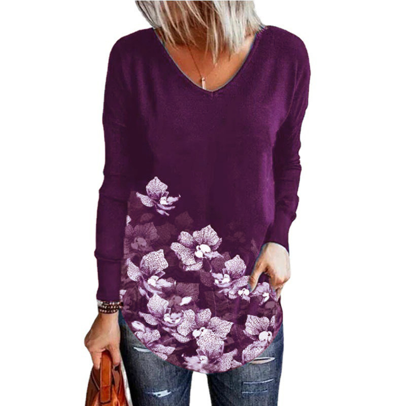 Flower Print Loose V-neck Long-sleeved T-shirt Women
