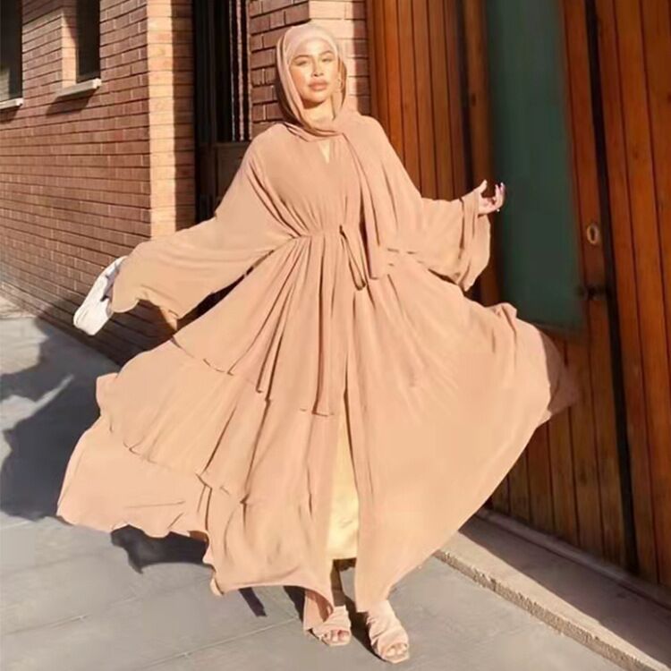 Ankle Length Three Layer Pearl Chiffon Flowy Dress Robe