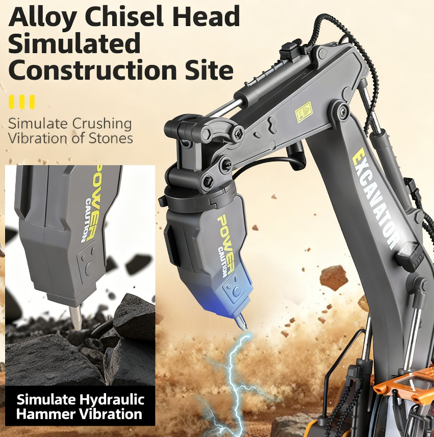 Three-in-one Aluminum Alloy Toy Excavator, 13 Channels, Comes With Three Replacement Heads. 1 24 High-reduction Simulation, LED Lights, Realistic Sound Effects, Can Run For 25-30 Minutes