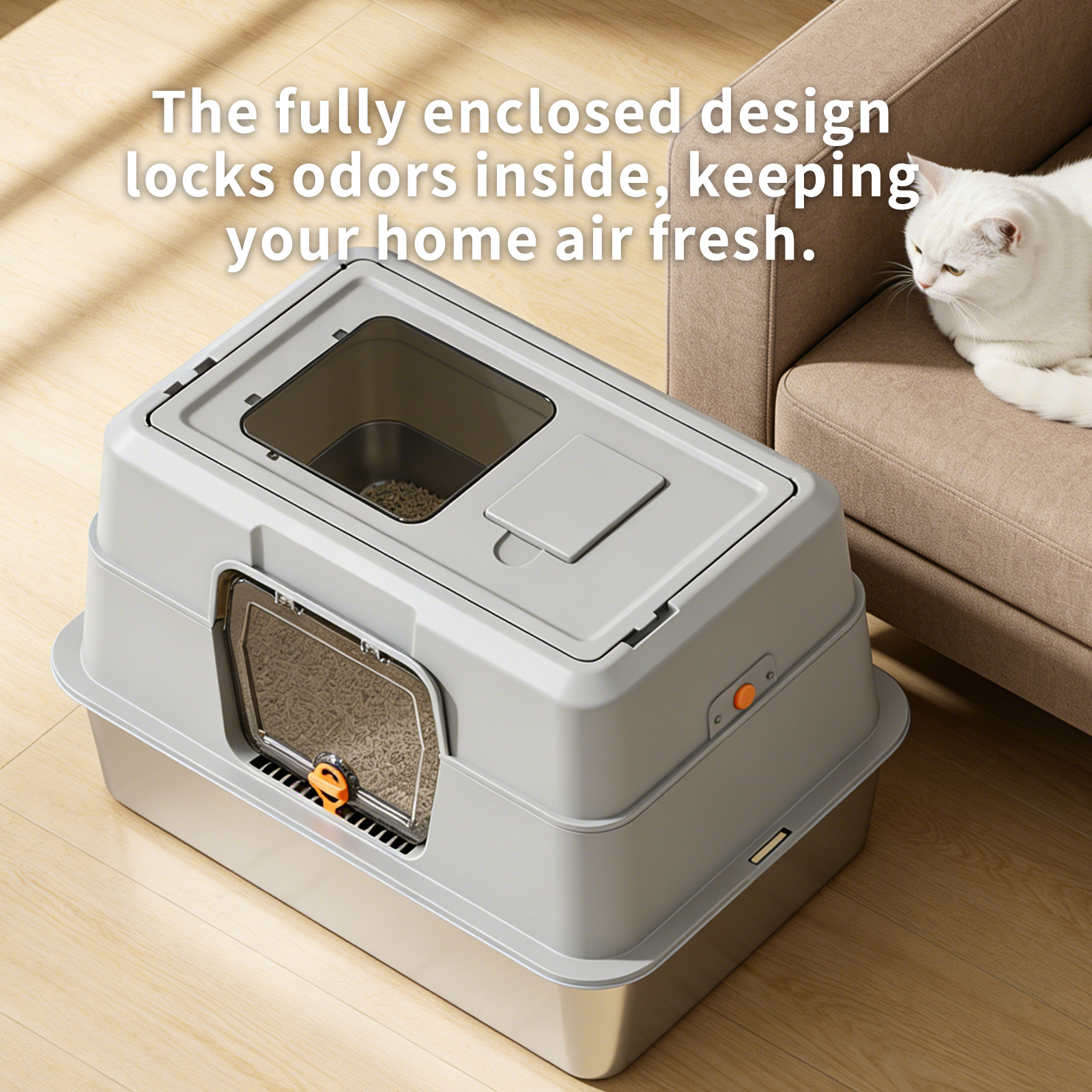 60-40-40cm Fully Enclosed Stainless Steel Cat Litter Box, Odor & Splash Proof Easy Clean, For Large Cats & Multi-Cat Households