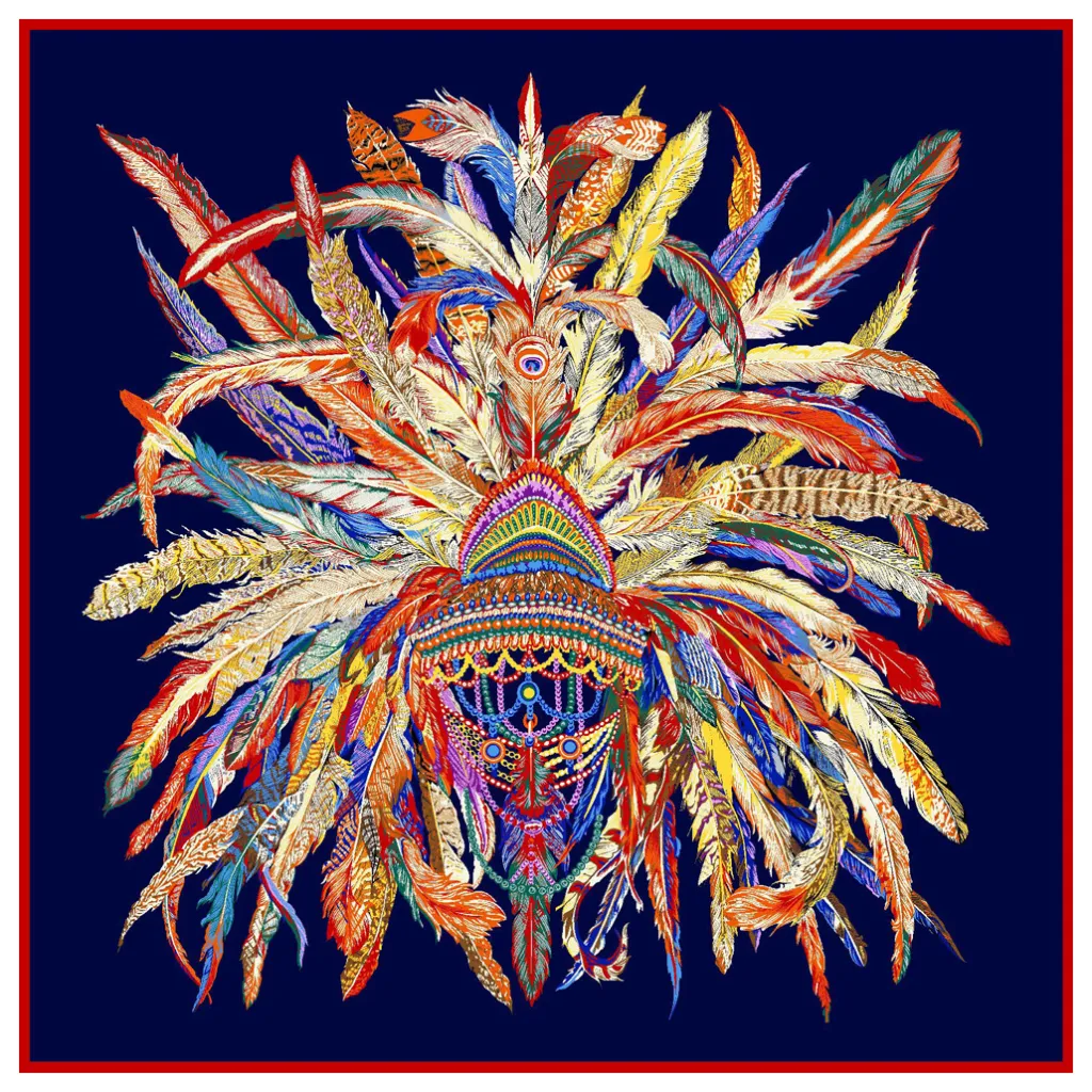 Indian Feather Crown Ladies Faux Silk Scarf - Navy Blue
