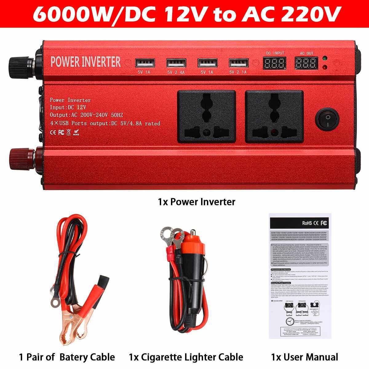 6000W Caravan Van Converter Power Inverters DC 12V To 240V LCD UK Socket 4USB — image 2