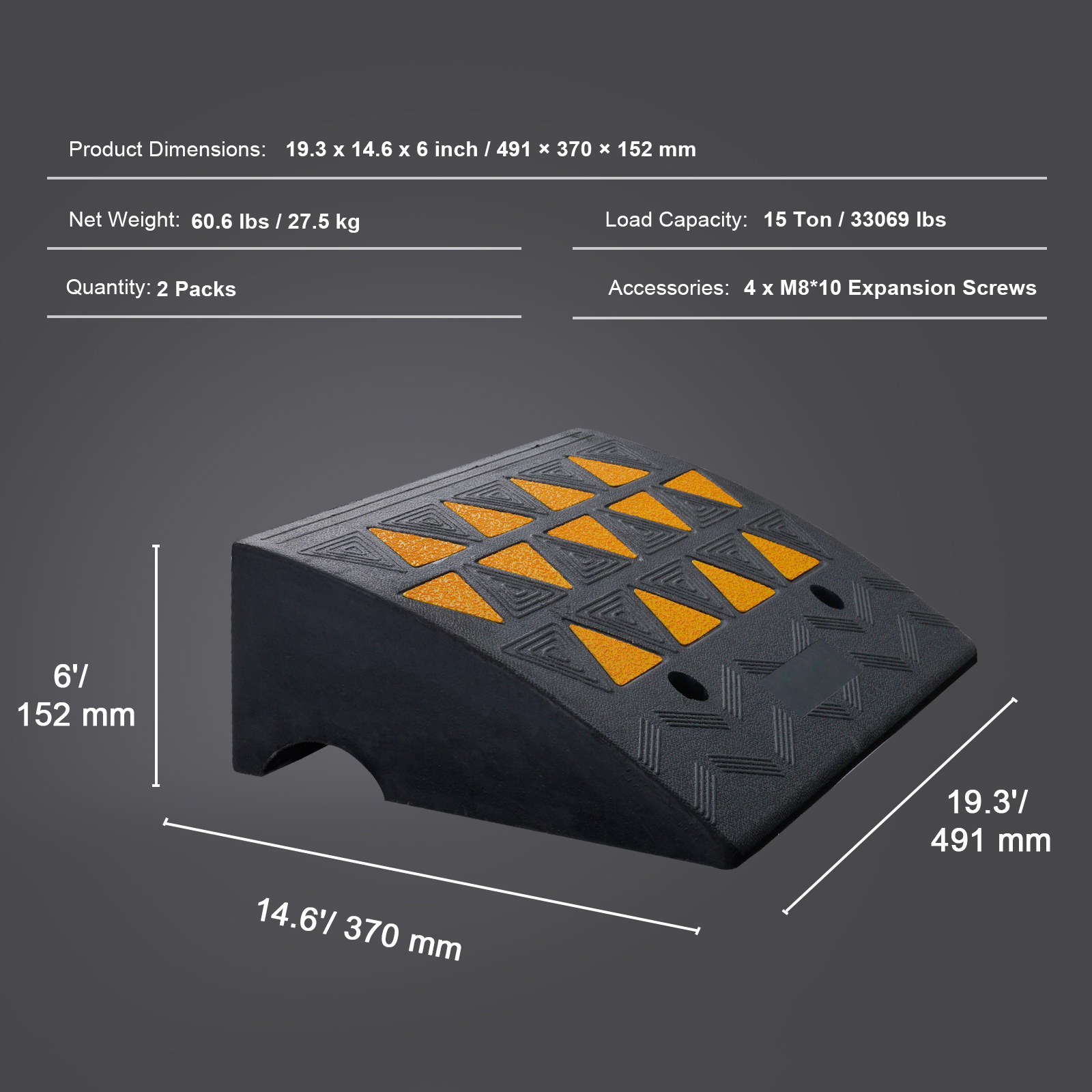 VEVOR Rubber Curb Ramp 2 Pack, 6Rise Height Heavy-Duty 33069 Lbs 15 T Capacity Threshold Ramps, Driveway… image 2
